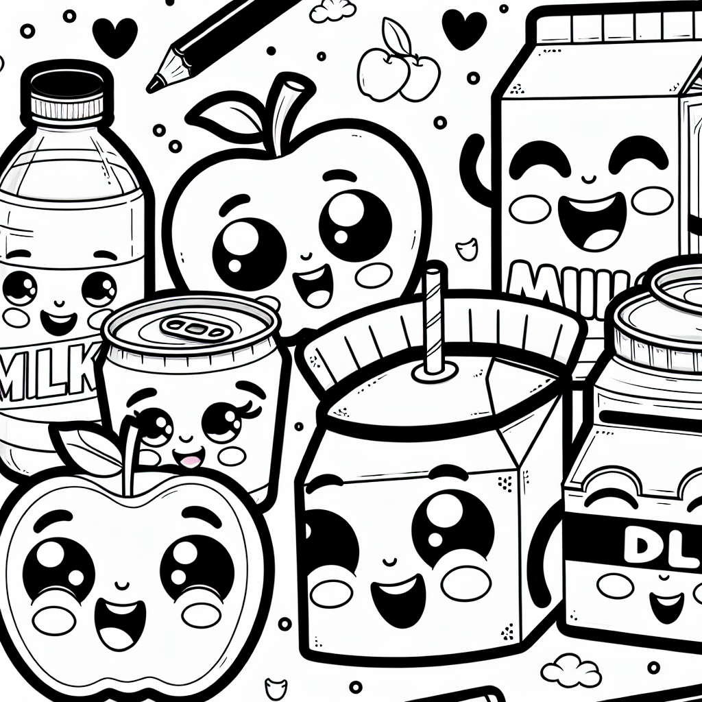 Create a black and white coloring page suitable for a 7 year old. The subject should be cute and lovable animated items typically found in a grocery store, such as happy apples, grinning milk cartons, and cheerful cans. However, do not specifically depict any copyrighted characters or named toy lines. The wider design should contain elements that promote fun learning, like labeling each item with its name.