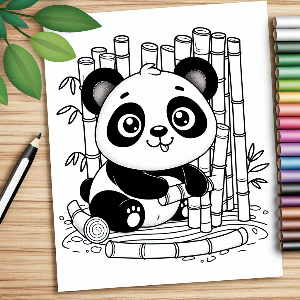 Design a black and white colouring book page meant for a seven-year-old child. The focus of the page should be an adorable, cartoon-style panda. The panda can be seen happily sitting, with bamboo shoots nearby that it can reach for and munch. Make sure to include large areas for coloring and keep the details simple so it would be easy for a child to color in.