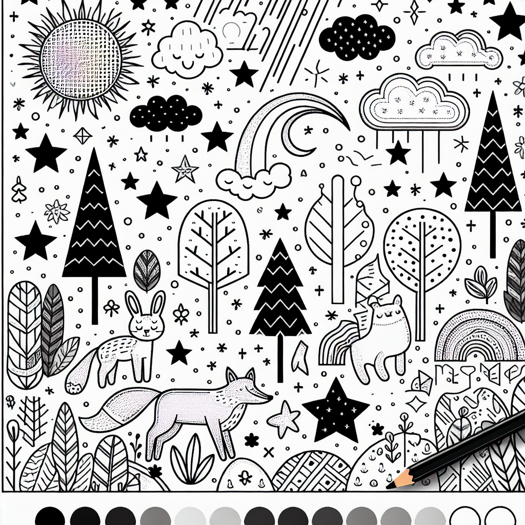 Generate a monochrome coloring book page appropriate for a 7-year-old child. The page should contain a cool and fun scene with various elements for coloring like animals, stars, trees, a sunshine, and a range of geometric shapes. Keep the design simple, engaging, and child-friendly in nature.