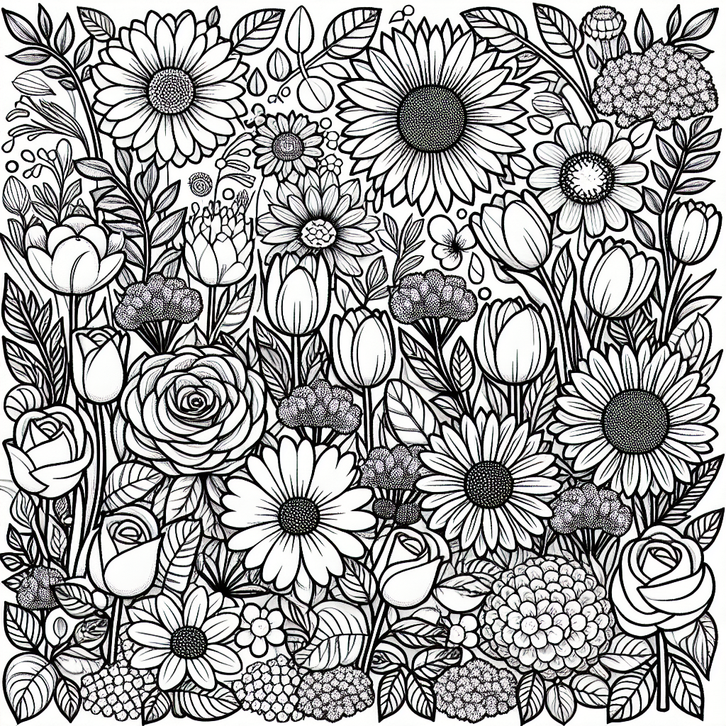 Create a black and white line drawing suitable for a 7 year old's coloring book. The page should contain a garden of various types of flowers including roses, tulips, sunflowers, and daisies. Keep the design simple yet engaging to provide a fun and creative learning experience for children. The image should not present any adult complexity or detail, but rather promote imaginative play and creativity that is fitting for a child of this age.