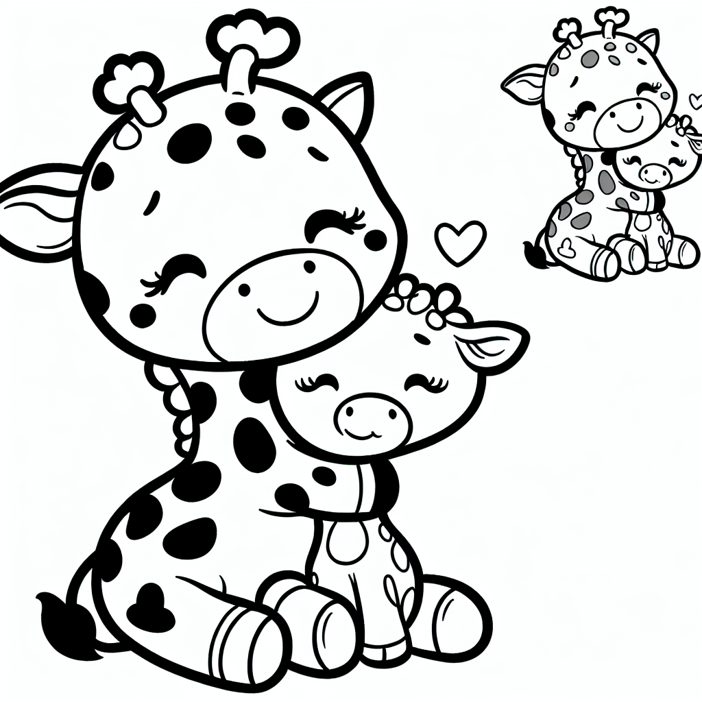 Generate a simple, black and white coloring book style page, suitable for children around 7 years old. The primary subject of the page should be a playful and tender giraffe, illustrated in a kid-friendly style, with easy to color areas and a clear thick outline.