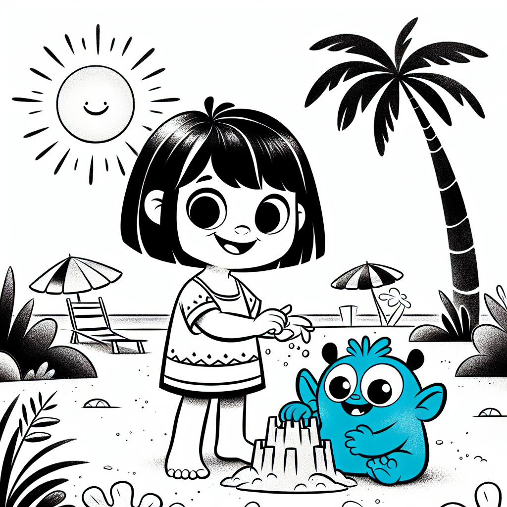 Generate a black and white coloring page suitable for a 7 year old, illustrating a friendly little girl with short, dark straight hair, wearing a casual summer dress. She is playing at the beach with a small, funny-looking blue creature with stubby arms and legs, big ears, and wide eyes. They're building a sandcastle together, under a radiant sun, surrounded by palm trees.