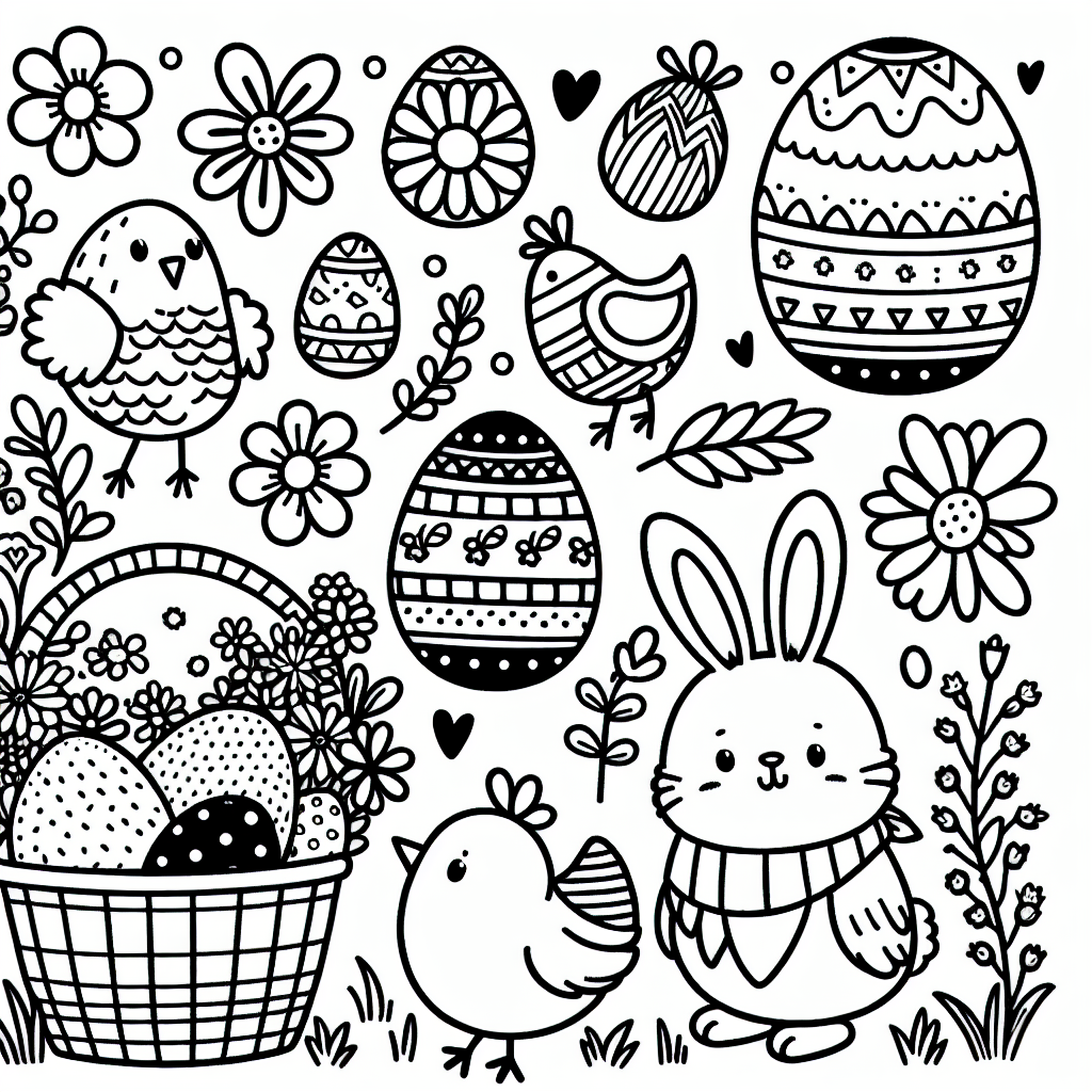 创建适合 7 岁孩子的简单黑白着色书页。页面的焦点应该是复活节主题元素，例如装饰蛋、复活节兔子、小鸡、鲜花、复活节篮子和春天的景色。设计具有明显线条和大面积填充的图像，使幼儿能够轻松着色。