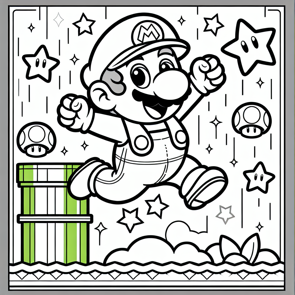 Create a black and white coloring page suitable for a 7-year-old child, featuring a jovial plumber in overalls jumping with stars, mushrooms, and green pipes, reminiscent of a classic video game sans any specifics that may reflect copyrighted characters.