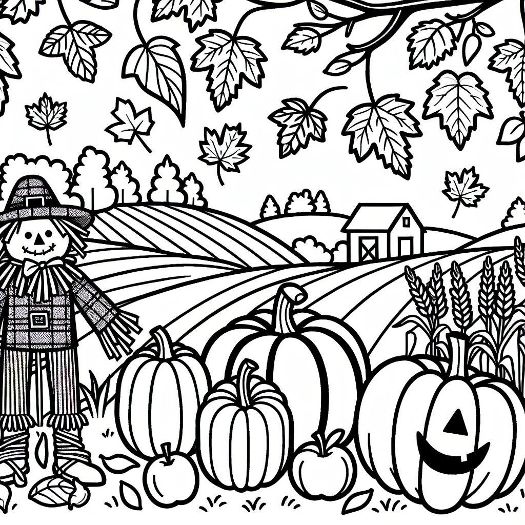 A simple black and white fall-themed coloring page designed for a 7-year-old. The page should depict typical autumn scenes, including various shapes of leaves falling from the trees, pumpkins of different sizes sitting on the ground, apples ripe for picking hanging from branches, and maybe a cheerful scarecrow protecting a harvested field. The outlines should be clear and easy for young hands to color inside.