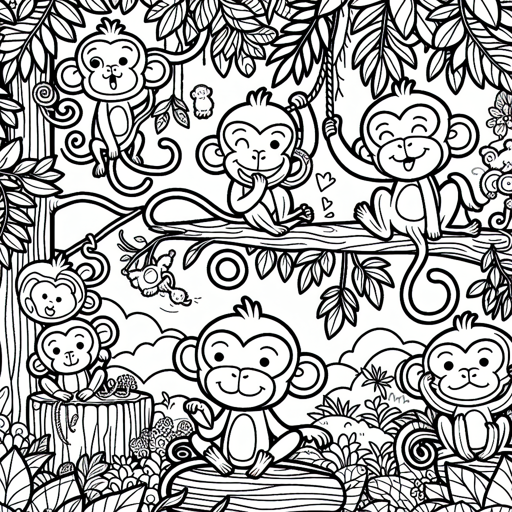 A simple and fun black and white coloring book page suitable for a 7-year-old. The page is filled with playful monkey illustrations. The monkeys have varied expressions and postures, making them interesting to color. Some are swinging from vines, others are eating bananas, while some are just resting. The scene is set in a rich jungle background, complete with trees, vines and tropical foliage. All elements are outlined neatly for easy coloring.