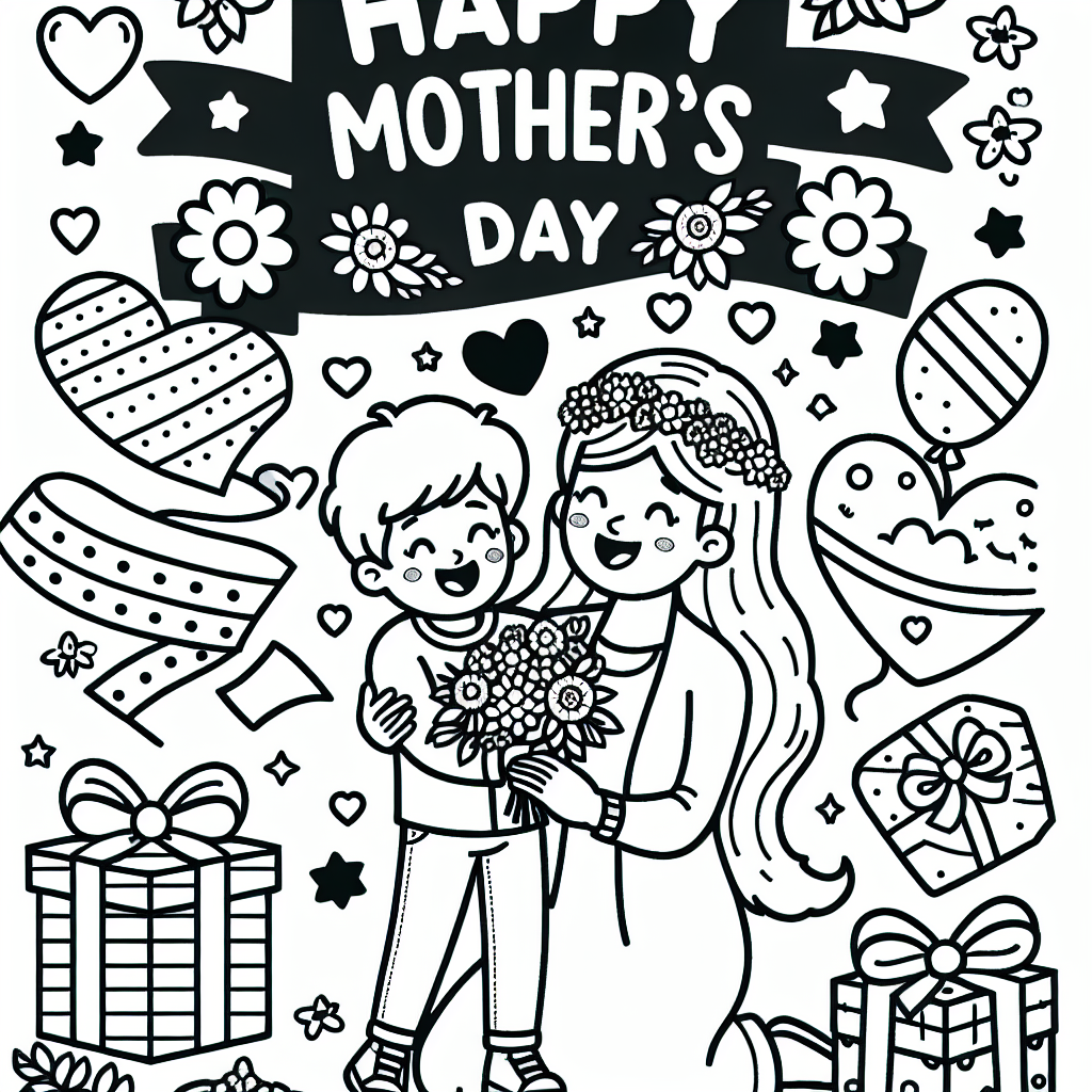 Create a black and white coloring page suitable for a 7-year-old. The theme should be Mother's Day. The design should be simple and easy to color featuring imagery related to Mother's day such as a loving mother playing with her child, wrapped presents, and a big banner saying 'Happy Mother's Day'. Please make sure the details and objects are outlined clearly for easy coloring.