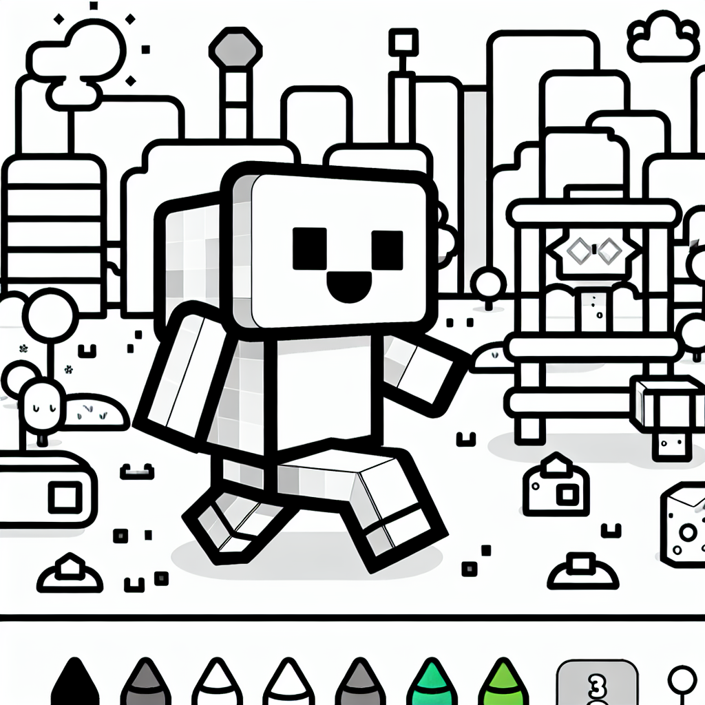 Generate a simple black and white coloring book page, designed for a 7 year old. The page should depict a generic, friendly-looking, blocky character in a virtual world. The character can be seen exploring a fun and age-appropriate environment such as a colorful park with simple geometric shapes and structures.