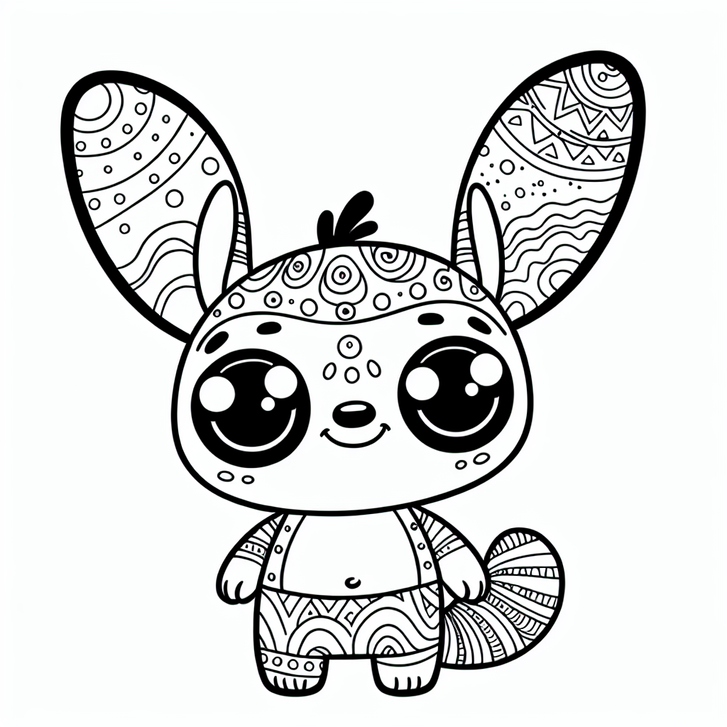 Generate a black and white coloring page suitable for a 7-year-old child. It should include a small creature with big ears and eyes, a signature quirky smile, and a robust body. This endearing character should be filled with fun patterns to color, inspiring creativity and imagination.