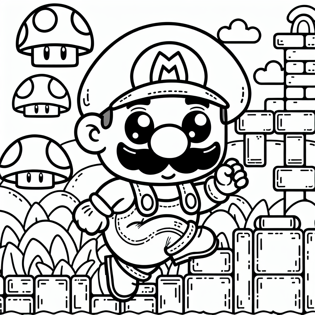 Design a black and white coloring page appropriate for a 7-year old child. The page should feature a friendly video game-style character. This character should be on an adventurous journey, filled with mushroom-shaped obstacles, brick platforms, and large pipes. The character itself should have a full moustache, a rounded nose, and be wearing a hat along with overalls. Remember, the image is meant to inspire creativity and fun during the coloring process. All details should encourage the use of vibrant colors once the child begins coloring.