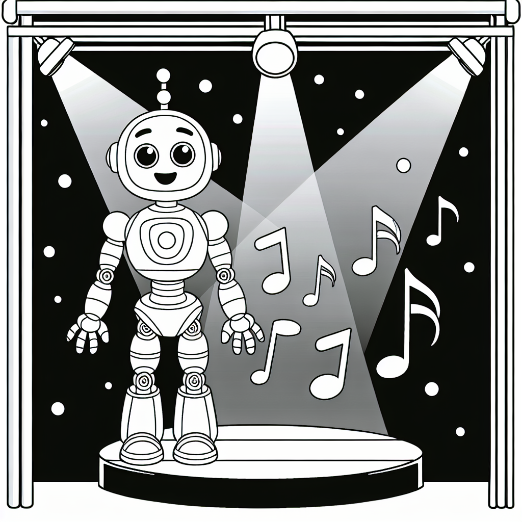 Create a black and white coloring page suitable for a 7-year-old. The page will feature a friendly, non-scary animatronic character. The character stands on a stage under a spotlight, with music notes hovering around it, hinting at a musical performance. The character is highly detailed, with simple shapes and intricate designs, emphasizing its robotic nature but also making it kid-friendly.