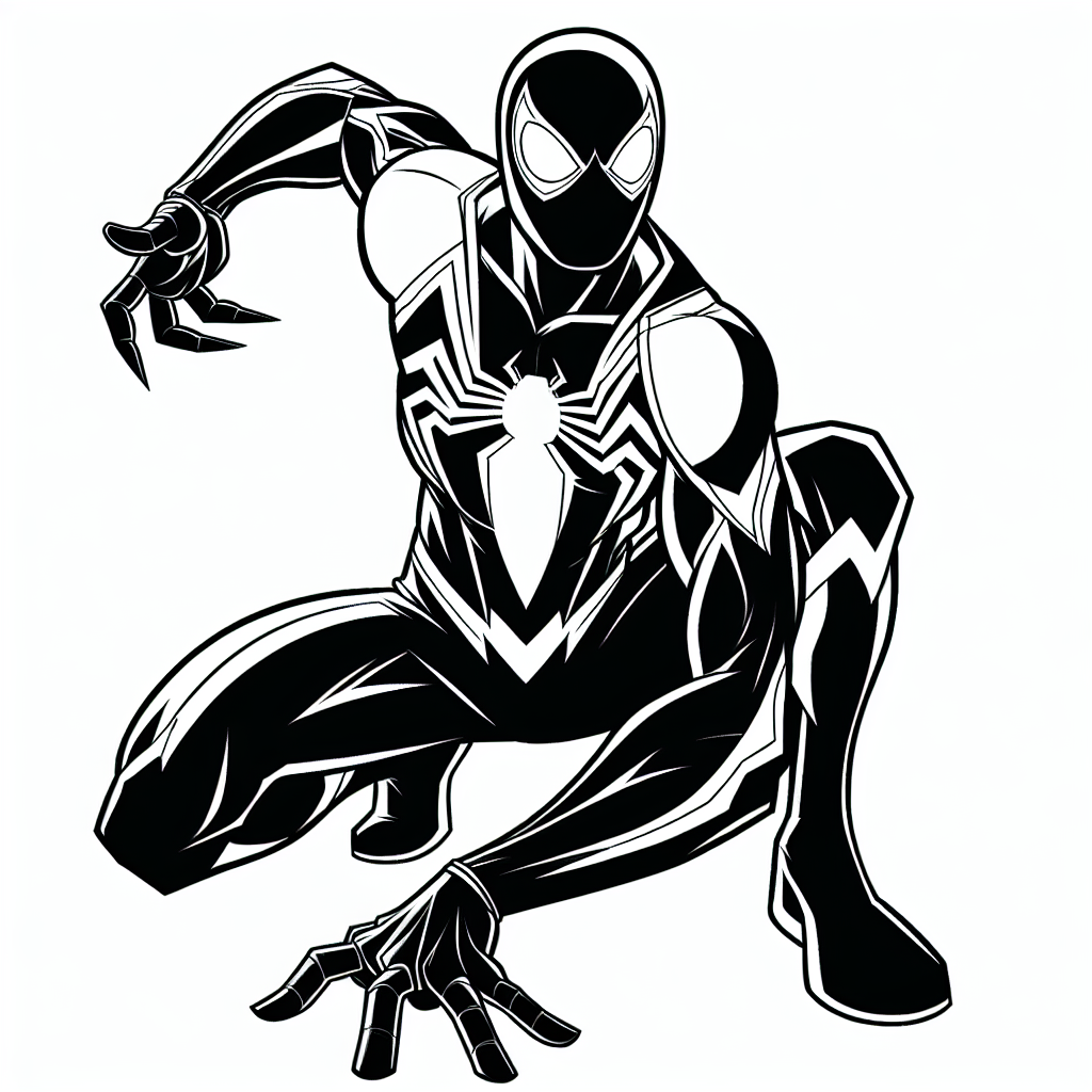 Create a black and white coloring page for a 7-year-old child featuring a superhero with a spider-based theme. The superhero is in a dynamic pose, wearing a full-body suit with a spider emblem on the chest, but doesn't resemble any copyrighted characters.