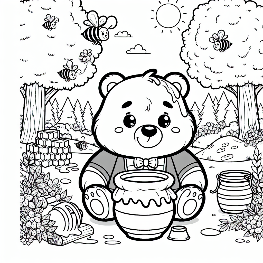 Create a black and white coloring book page designed for a 7-year-old. The scene should depict a cute, chubby, honey-loving bear wearing a red shirt sitting near a pot of honey in the forest. The character should look cheerful and friendly. There should also be elements like bees buzzing, honeycombs, and trees, with plenty of open spaces for coloring in.