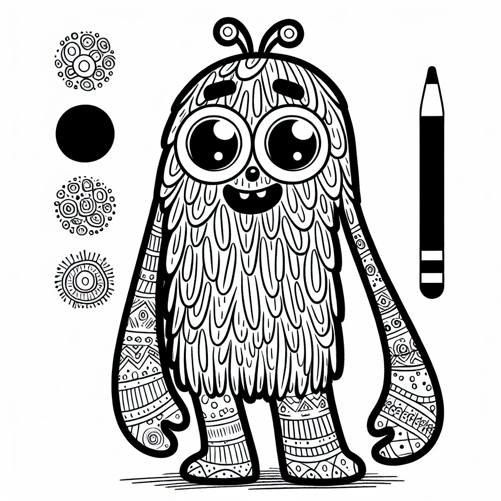 Create a black and white coloring page for a 7-year-old, showing a tall and friendly creature with plush-like texture. The creature will have long arms, large round eyes, and a playful smile. Make sure to add lots of patterns and simple shapes for the child to color in.