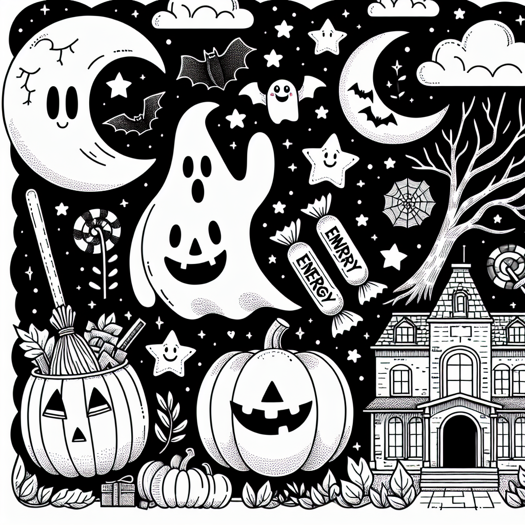 Create a black and white coloring page appropriate for a 7-year-old, featuring Halloween-themed details like a non-scary, friendly ghost, an energy-filled pumpkin, a broomstick, a candy-filled bucket, a crescent moon and stars, and an old mansion in the background with spooky trees around. Make sure all the designs are simple, fun and child-friendly for easy coloring.