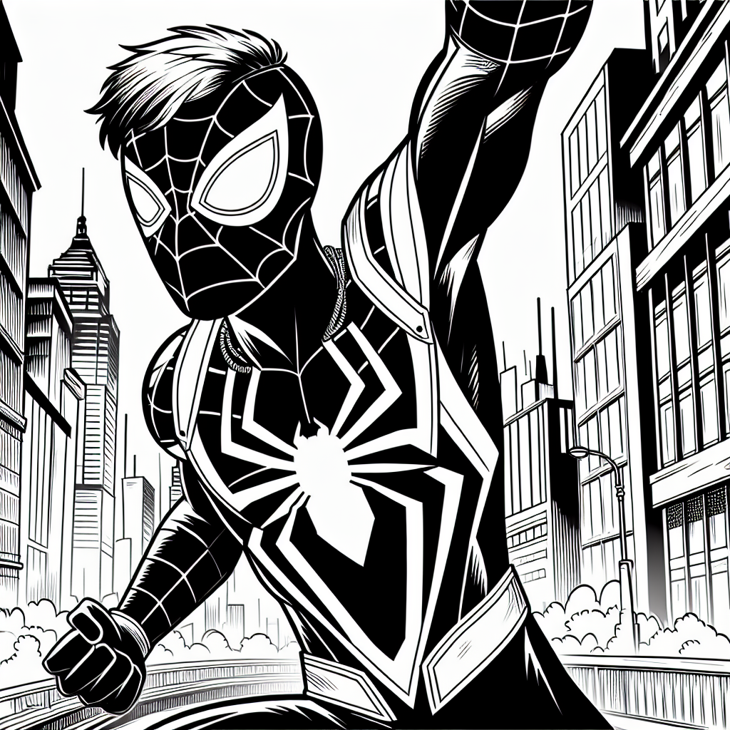 Create a black and white coloring page suitable for a 7-year-old. The page should feature a hero, resembling a spider, with a distinct masked costume marked by a web-like design. The hero is shown in a dynamic pose, as if swinging through the cityscape.