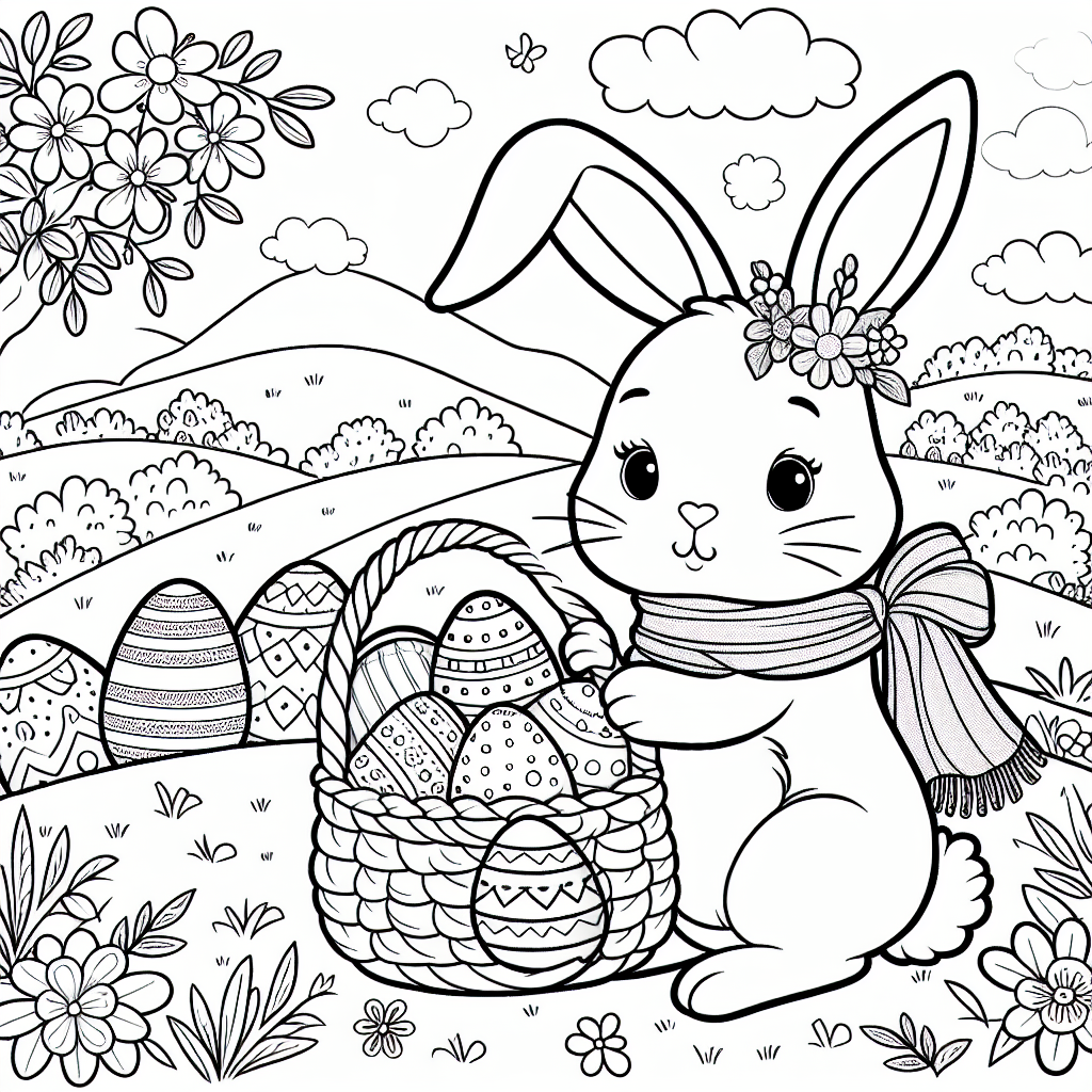 Design a black and white colouring book page suitable for a 7-year-old. The theme of the page should be centred around an Easter Bunny. This scene should include the bunny carrying a basket full of Easter eggs. The landscape should depict a spring-like scenery filled with flowers and grass. There could also possibly be additional elements related to Easter around like decorated eggs and Easter bonnets, that the child could have fun colouring in. Remember to keep the lines simple and easy for young kids to color within.