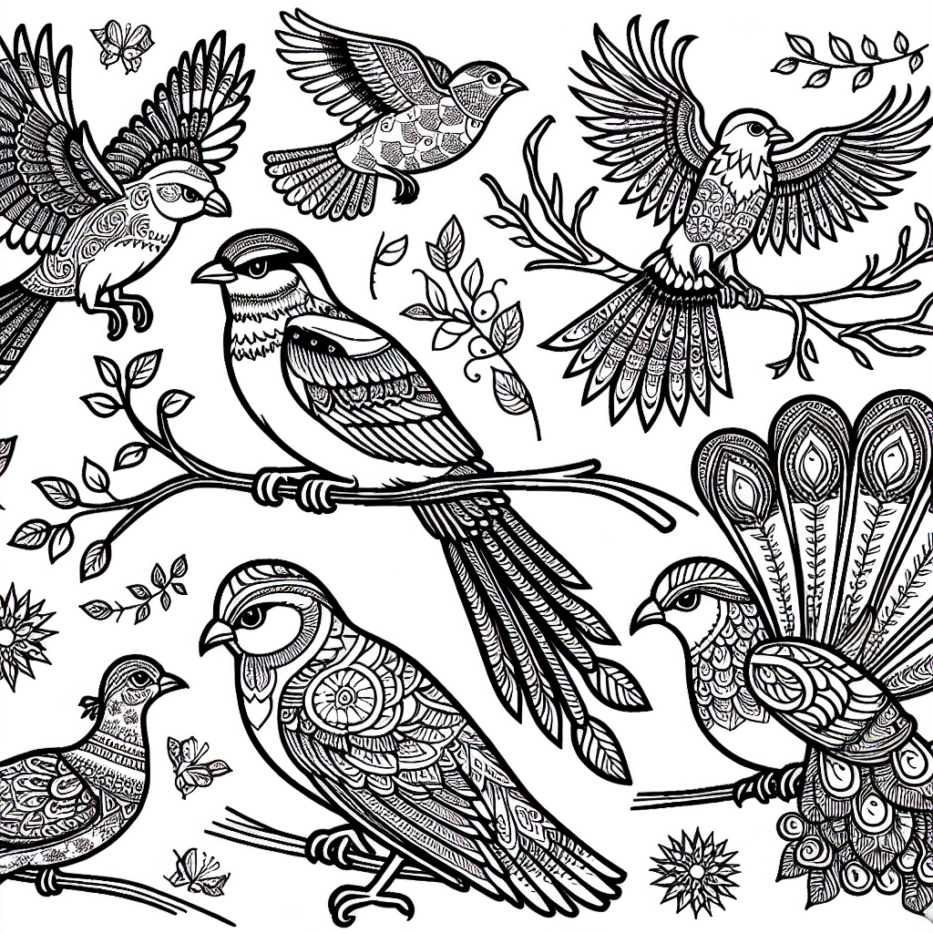 Create a black and white coloring page designed for a 7-year-old. The page should feature a range of birds like Sparrows, Eagles, and Peacocks. Each bird should be distinct and styled to capture attention, with intricate designs as well as a balance of simple areas for a child of this age to color. The birds can be perched on branches, flying across the sky, or even interacting with each other. Remember, the page should be devoid of color, resembling a traditional coloring book page and awaiting the creative inputs of a child.
