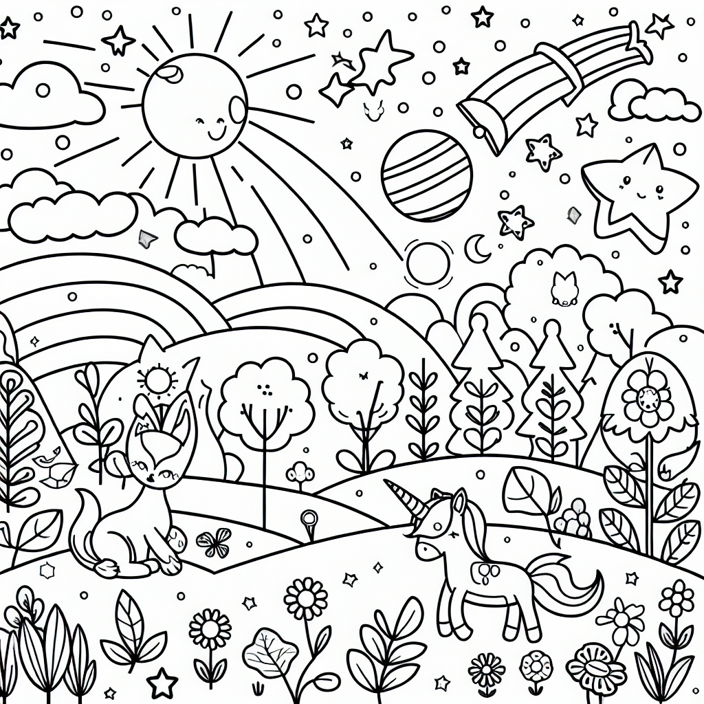 Design a basic black and white coloring book page intended for a 7-year-old child. The scene should evoke a sense of fun, including elements that would spark youthful interest, such as cartoonish animals, plants, stars, or other shapes that children typically enjoy coloring. The lines should be clear and bold to facilitate coloring within them. Note that the whole scene should be devoid of color, ready for a young artist to breathe life into it
