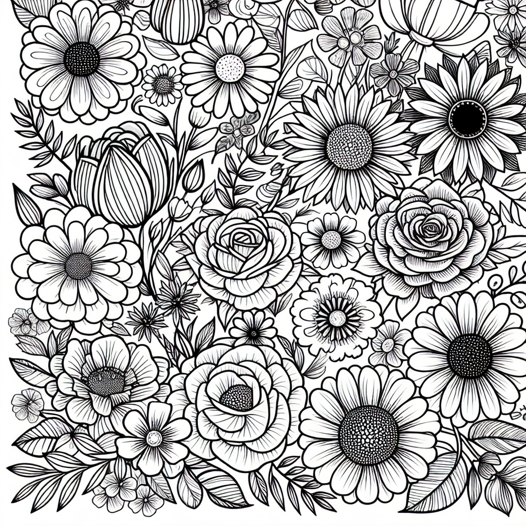 Create a black and white, intricate, but suitable for a 7-year-old, coloring page featuring a variety of flowers. The designs should be simple to color, yet offering a decent level of complexity for an enriched experience. The flowers should range from roses and tulips to sunflowers and daisies, each with its distinct outline and petals. The page should evoke a sense of a blossoming garden, with each flower standing out uniquely. Ensure the drawing has clear lines and spaces to color within.