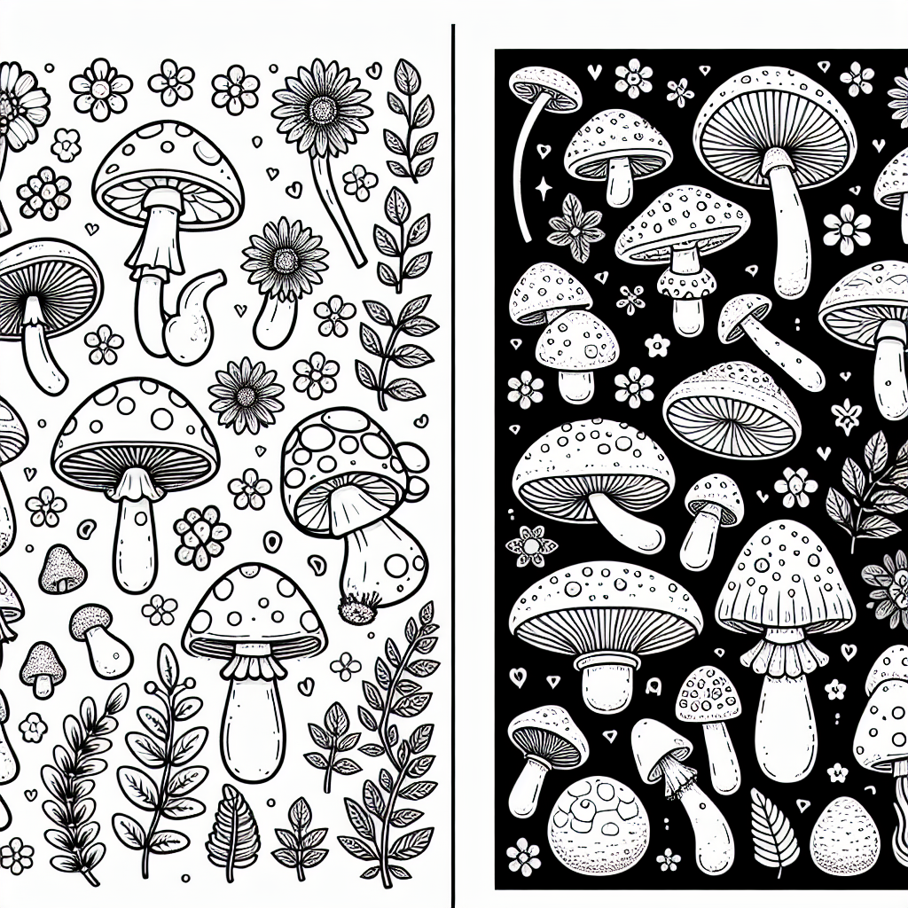 创建适合 7 岁儿童的黑白着色页，主题为各种蘑菇。该页面应该有不同类型的蘑菇，如蘑菇、伞菌等。这应该看起来像一本基本涂色书的一页，鼓励年轻人的创造力。