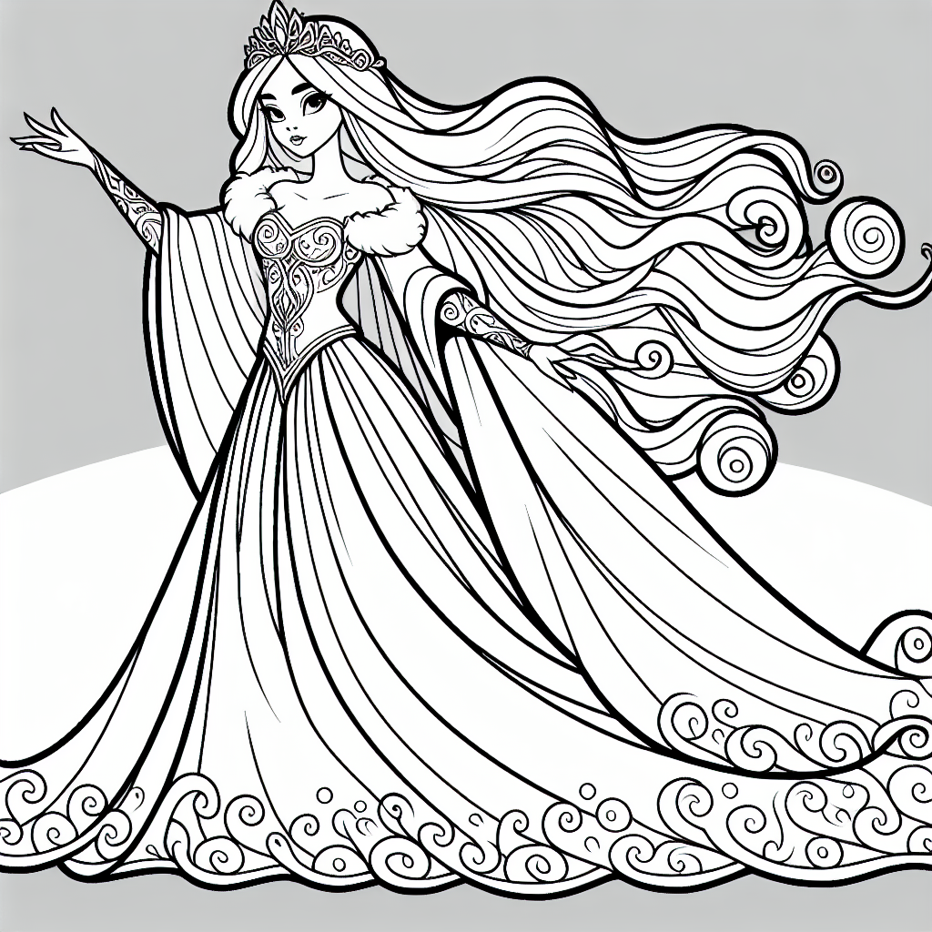 Create a black and white coloring page suitable for a 7 year old, featuring a queenly female character with flowing hair, prominently displaying a long gown resembling winter themes. The character is making a gesture as if she's casting a spell.