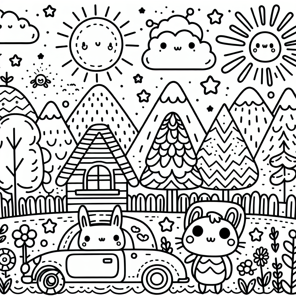 Generate a black and white coloring book page suitable for a 7-year-old. The image should contain simple and playful elements such as cartoonish animals, cute nature elements like trees, stars, and flowers, a pleasant landscape, and maybe an adorable little house or car. The design should be cool and engaging, with a balance of larger areas for easy colouring and smaller details for a bit of challenge.