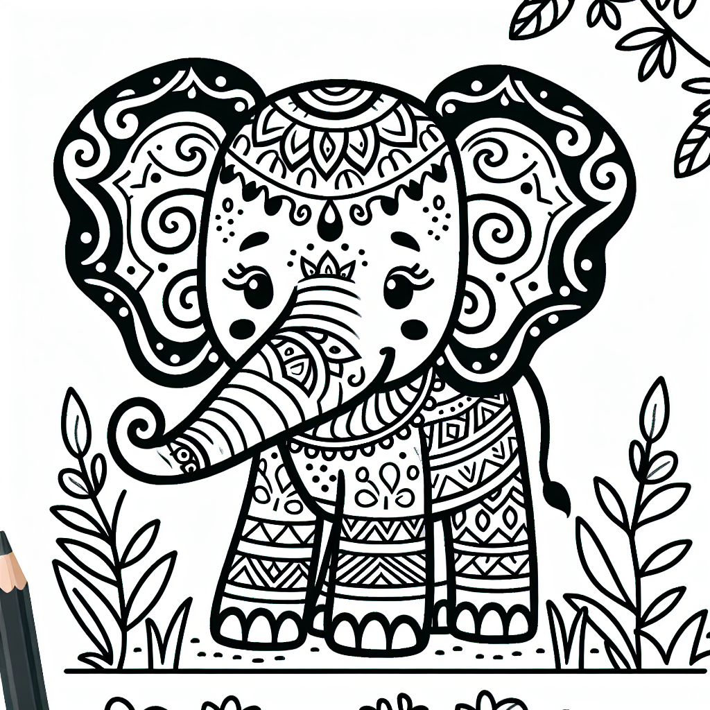 Design a black and white coloring page appropriate for a 7-year-old child. The page should feature an endearing elephant in all its grandeur. The elephant should have elaborate patterns that would be fun to color, like swirls on its ears and geometric shapes on its body to make the coloring book interesting. The surrounding environment can be a jungle setting with simple plants and trees.