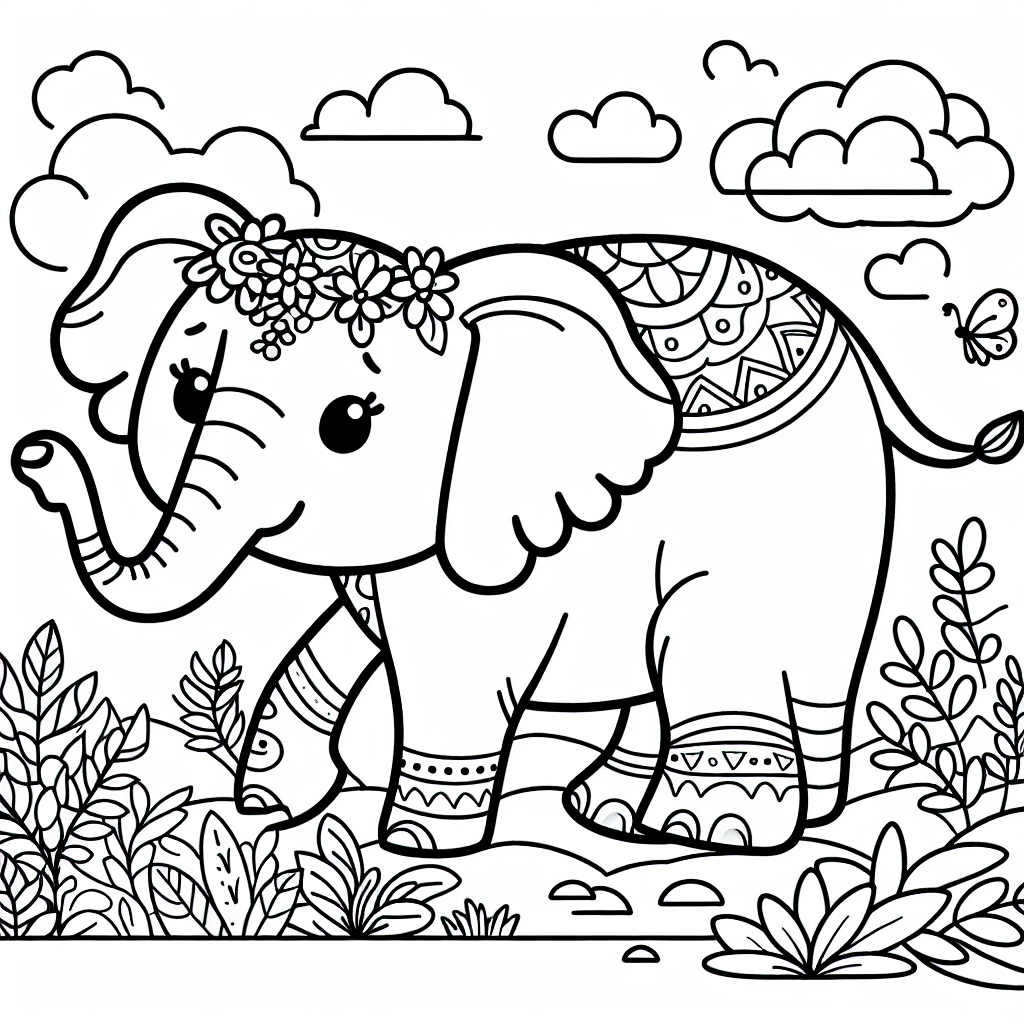 Erstellen Sie eine schwarz-weiße Malvorlage im Strichzeichnungen-Stil für ein 7-jähriges Kind. Das Hauptthema der Seite sollte ein ansprechender und kinderfreundlicher Elefant sein, der mit ausreichend Platz zum Ausmalen dekoriert ist. Der Elefant kann in einer spielerischen Pose dargestellt werden, vielleicht in einer vertrauten Umgebung wie einem Dschungel oder einer Savanne, um die Szene nachvollziehbarer zu machen und für das Kind Spaß beim Ausmalen zu machen.
