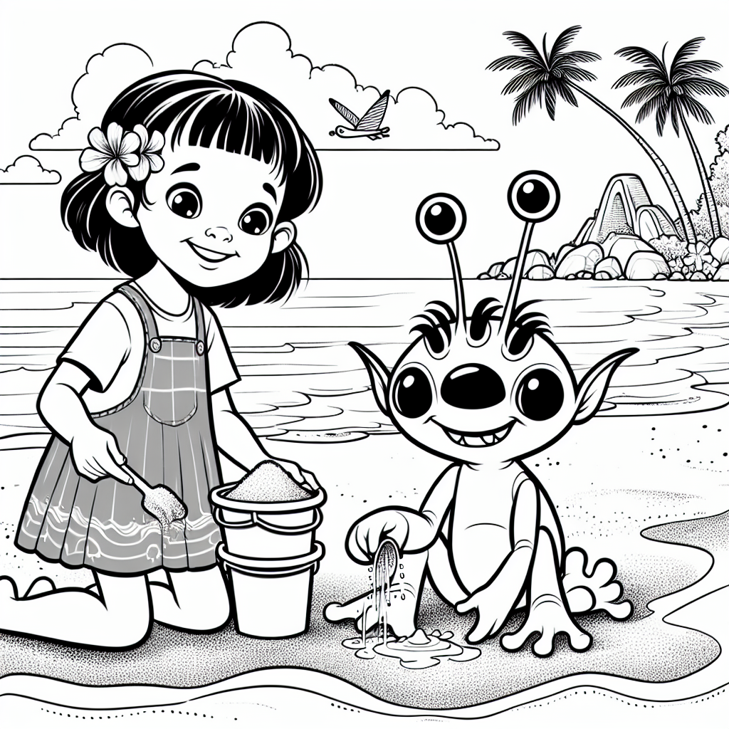 Create a black and white coloring page suitable for a 7-year-old featuring a young girl with a red dress and her quirky, four-legged alien friend. In this scene, the dynamic duo are happily playing on a Hawaiian beach; she is making a sandcastle and the alien creature is helping her by carrying small buckets of wet sand with his four hands. The image provides lots of space for color and creativity.