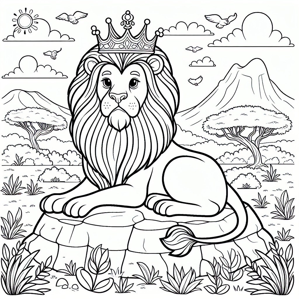Create a black and white coloring page suitable for a 7 year old featuring a grand royal lion. The lion should be styled majestically, sitting on a rock with a backdrop of the savanna. Please avoid including any copyrighted elements and keep the page basic in design, emphasizing the lion's regalness in a fun and engaging manner for children.