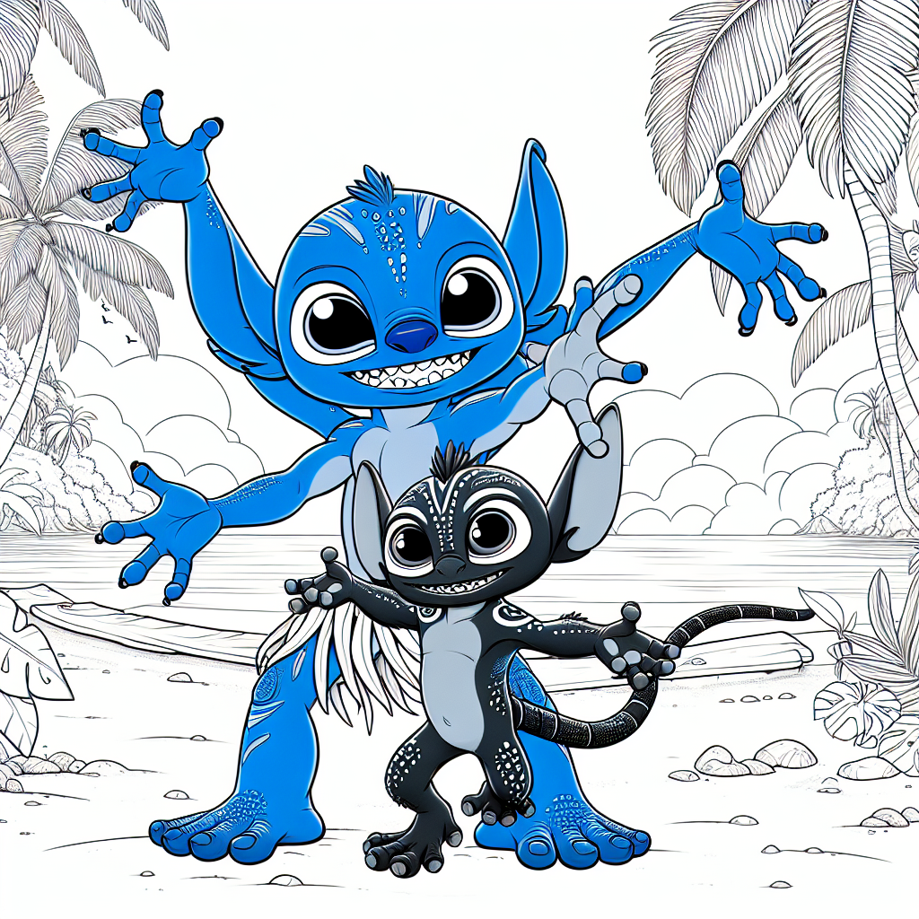 A basic black and white coloring book page for a 7-year-old: a tropical beach scene featuring a human-like creature with indigo-blue skin, and its smaller, friendly animal-like companion, with four arms, having distinct pointed ears and big round eyes. This setup is radiating the energy, fun and friendship just like the famous animated duo, without directly featuring any copyrighted characters.