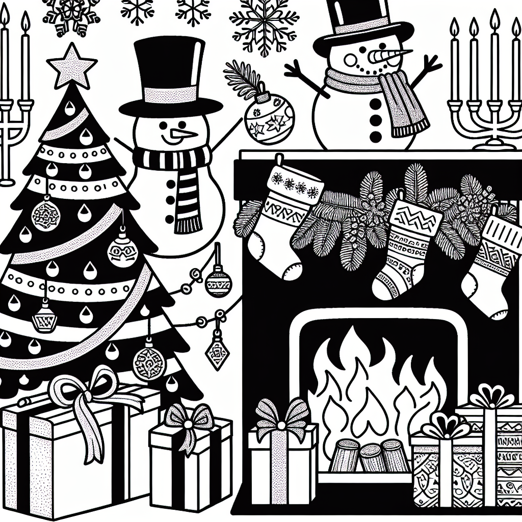 Create a black and white coloring book page suitable for a 7-year-old child. The theme of the page should be holidays. Include elements such as a wrapped holiday gift box under a pine tree, a snowman wearing a top hat, Christmas stockings hanging from a fireplace, and a menorah symbolizing Hanukkah. Please keep these designs simple and fun for a child to color.