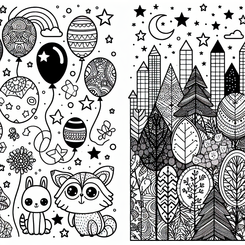 A black and white coloring book page designed with simplicity and fun for a 7-year-old child. It should contain an array of engaging elements such as cute animals, balloons, trees and stars. Additionally, generate a separate, more intricate black and white coloring page designed for adults. This should feature more complex patterns and sophisticated themes like abstract geometry, nature's patterns including flowers and leaves, cityscapes, or other topics that would challenge and entertain an adult.