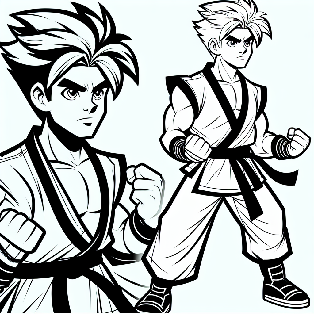 Create a black and white coloring book page suitable for a 7 year old, featuring a male superhero character with spiky hair, wearing a martial arts uniform. The character should be standing heroically, ready to embark on an exciting adventure.