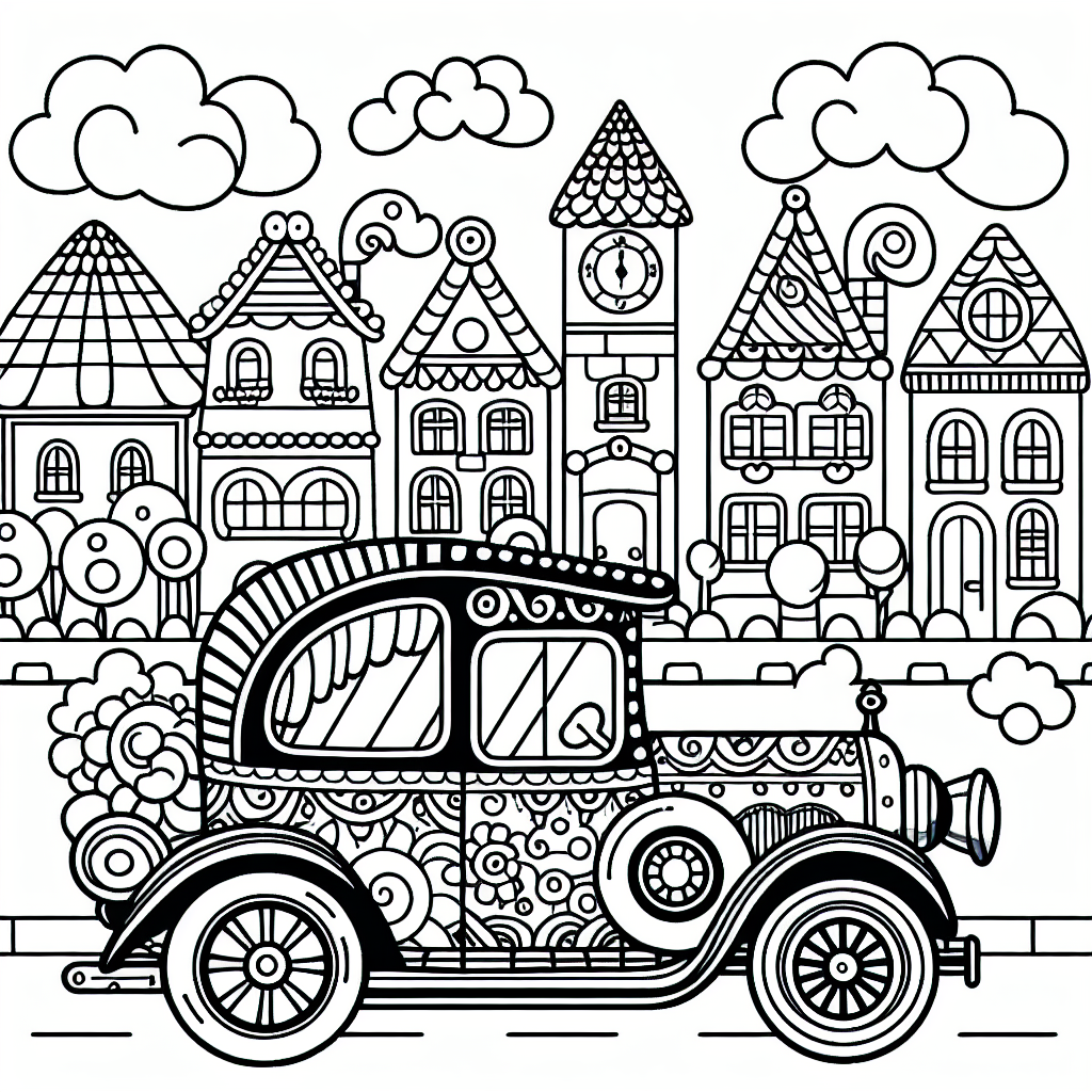 A simple and engaging black and white coloring book page suitable for a 7 year old. The page features an intricately designed car with various elements to color in. The car is parked amidst a friendly little town, creating an interesting backdrop to add more fun to coloring. There should be clear lines and spaces, allowing for easy coloring.