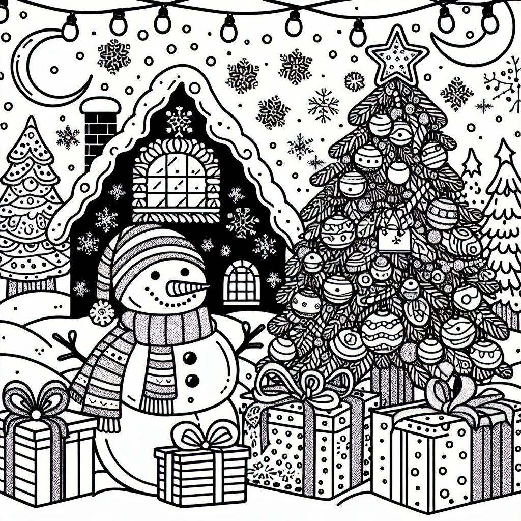 Design a black and white coloring page suitable for a seven-year-old. The illustration should be festive, depicting a classic Christmas scene. Include elements such as a decorated tree, wrapped presents, and a friendly snowman. Please make sure to balance the complexity, making it enough detailed to challenge a 7-year-old's coloring skills but not too intricate to overwhelm them.