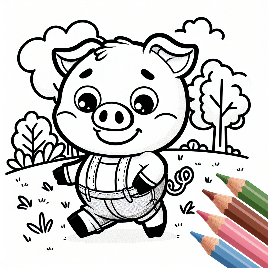 Create a black and white coloring page suitable for a 7-year-old featuring a friendly cartoon pig with a round face, large round eyes, and a snout. This pig is wearing a casual outfit, and is walking merrily in a lush park, inviting children to add their own color and creativity.