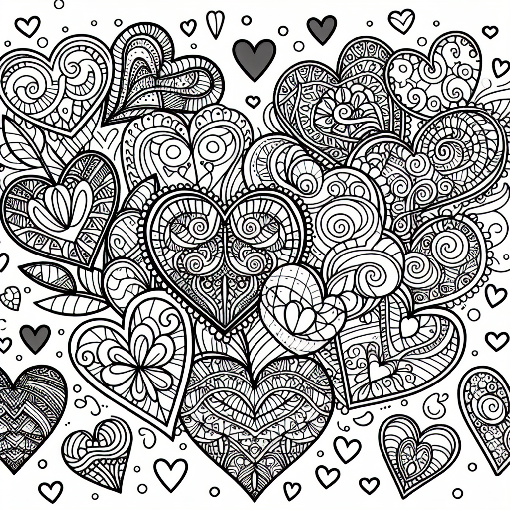 Please generate a basic, straightforward black and white coloring page suitable for a 7-year-old child. The main theme should be focused on hearts, with a variety of heart shapes ranging from intricately designed hearts to simpler designs, all arranged in an aesthetically pleasing manner to encourage creativity. This page should emphasize on linework and should refrain from any complex shading to ensure ease of coloring.