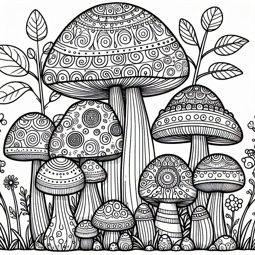 Designed with simple lines and educational intentions in mind, create a black and white coloring page suitable for a 7-year-old. Visualize a natural environment with elaborately designed mushrooms of various types, sizes, and shapes. The mushrooms should stand on the ground with perhaps grass, flowers, or leaves around them. Remember to keep the details appropriately intricate for a young artist's hand, while still providing ample opportunities for them to experiment with their choice of colors.
