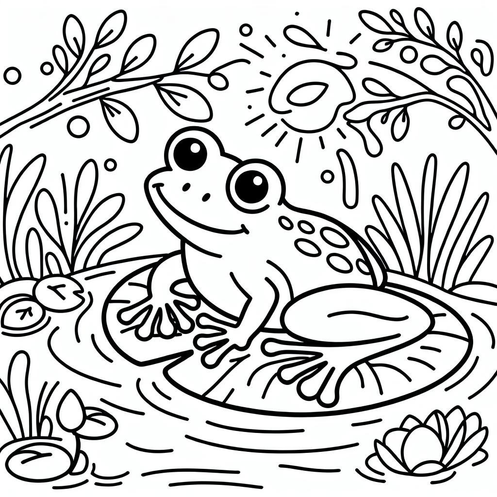 Create a simple yet engaging black and white coloring book page specifically designed for a 7-year-old. The central theme of the page should be based on frogs. The page should contain an outline of a frog in a playful and imaginative setting, such as it hopping around a pond or sitting on a lily pad, thereby providing an opportunity for a child's coloring creativity.