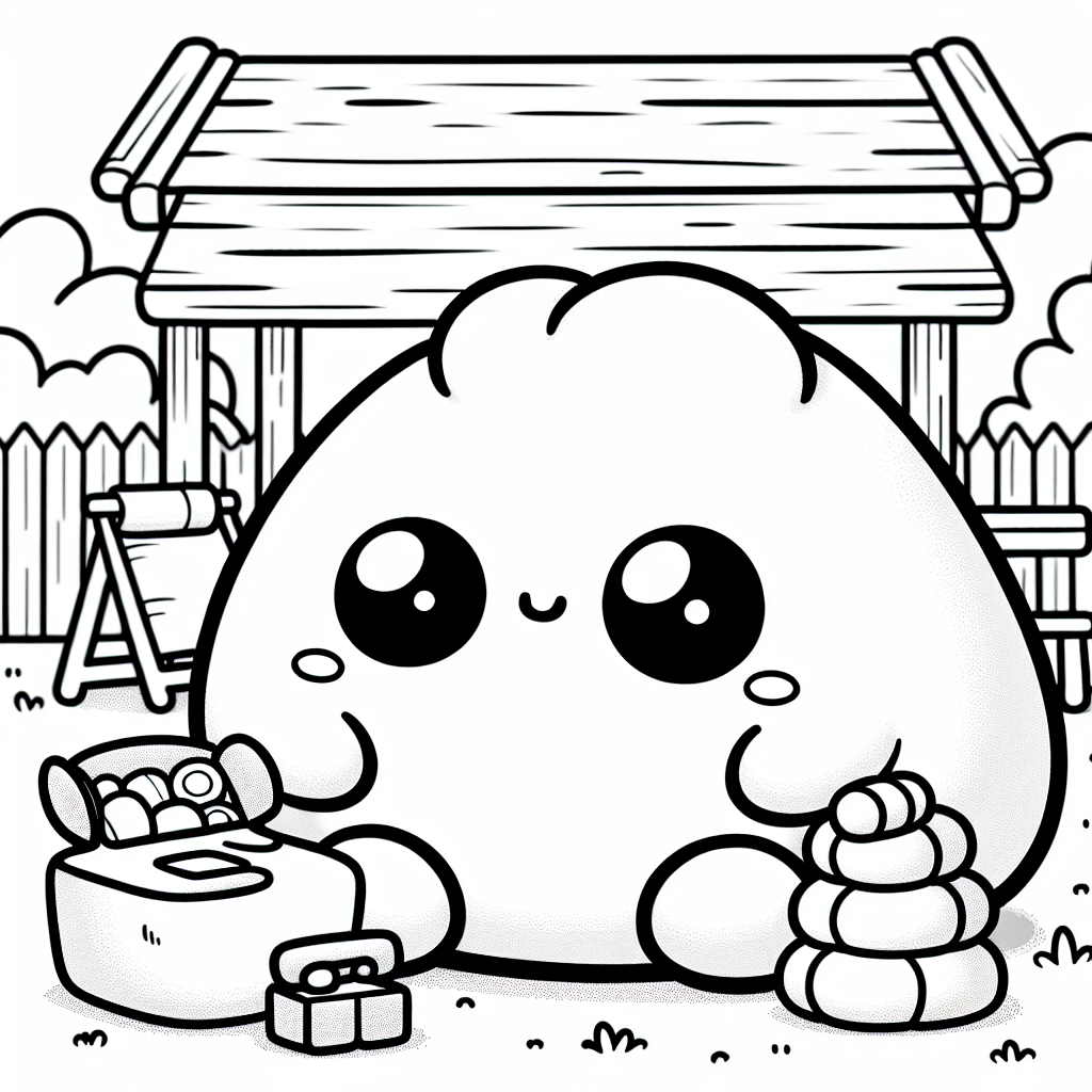 A black and white coloring book page suitable for a 7-year-old, featuring a loosely inspired character resembling a Squishmallow plush toy. The scene should contain this soft, plushie-like character with smooth, rounded edges, and easily colorable areas, adding additional elements such as toys, a playground structure or perhaps a cute picnic setup to pique interest and entertain the child.