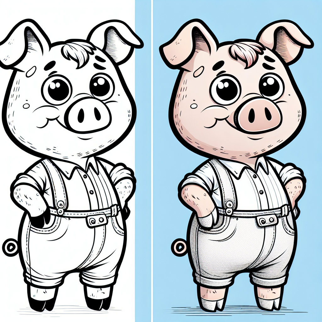 Create a black and white coloring page suited for a 7-year-old, featuring a friendly and whimsical pig character. The pig should be anthropomorphic, standing on two legs, with circular eyes, a large snout, and wearing a casual dress. Please remember, the image should resemble a cartoon pig, but not any specific copyrighted characters.