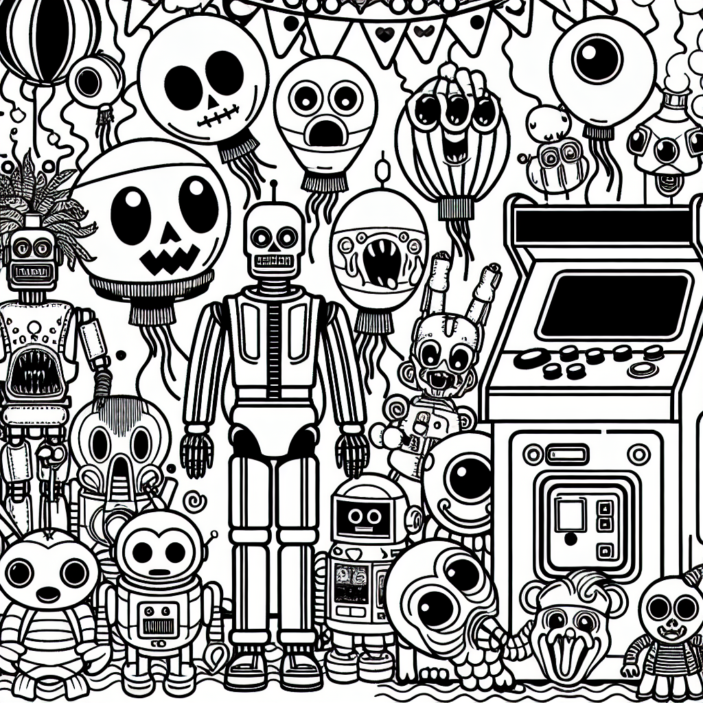 Create a basic black and white coloring page for a 7-year-old. The theme should be a fun and spooky animatronics-themed amusement park, drawing inspiration from mid-1980s arcade culture, without any reference to any specific copyrighted characters. Include playful, friendly-looking, vaguely humanoid animatronic characters that are fun to color and appropriate for kids.