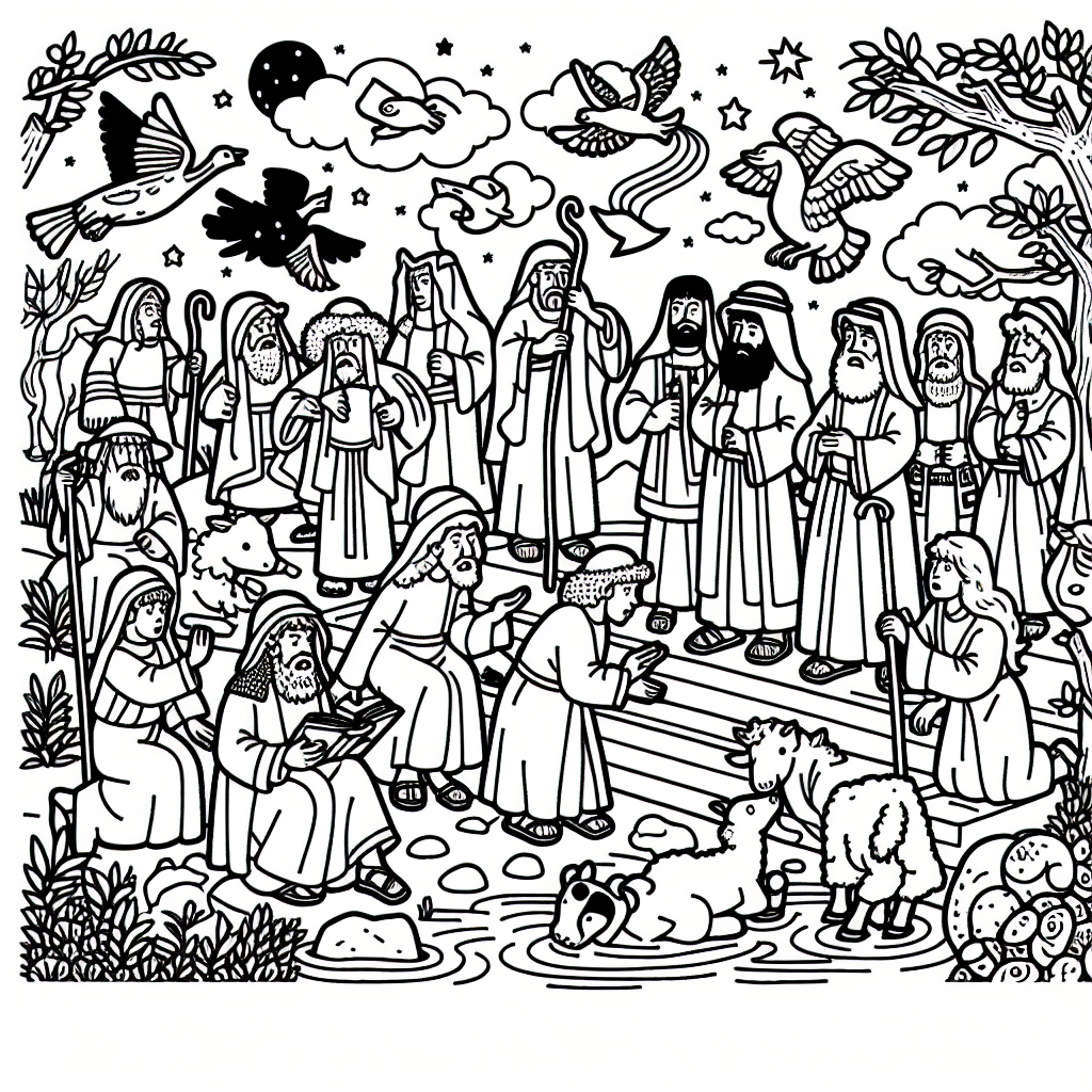 Generate a black and white coloring book page suitable for a 7-year-old. The theme of the page is stories from the Bible, filled with simple illustrations depicting well-known tales and characters without complex details.