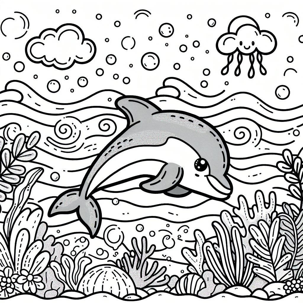 Create a black and white coloring page suitable for a 7-year-old. The scene should feature a playful dolphin swimming in the ocean. Include elements such as waves, underwater plants, and smaller marine creatures, and make sure the dolphin is the central figure with enough detail for the young colorer.