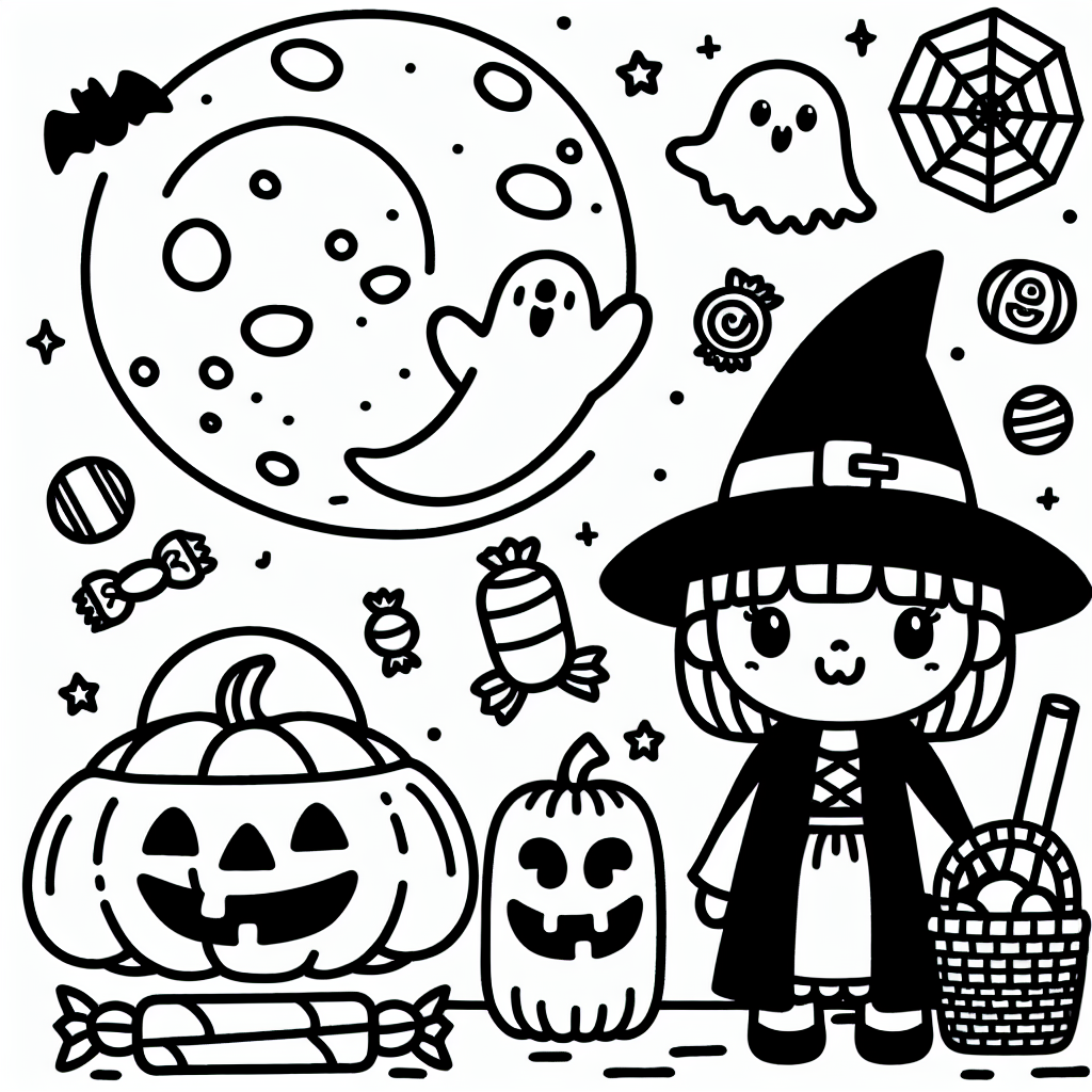 Design a simple black and white coloring book page suitable for a 7-year-old. The theme should be Halloween, so please include elements like a friendly-looking witch, a carved pumpkin, some candies, a ghost, and a full moon in a lonesome sky. Remember, since it's for coloring, the outlines should be clear and distinct, with minimal details to facilitate easy coloring.