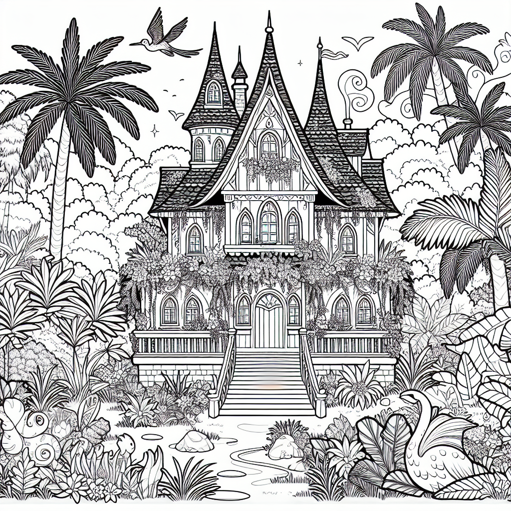 Create a simple, child-friendly, black and white coloring page suitable for a 7-year-old. The page should feature a magical, tropical setting, with a large, enchanting house at its center. Surrounding the house, include a variety of exotic plants and animals, capturing the essence of a vibrant and mystical world. Remember to maintain the outlines broad and clear to allow easy coloring.