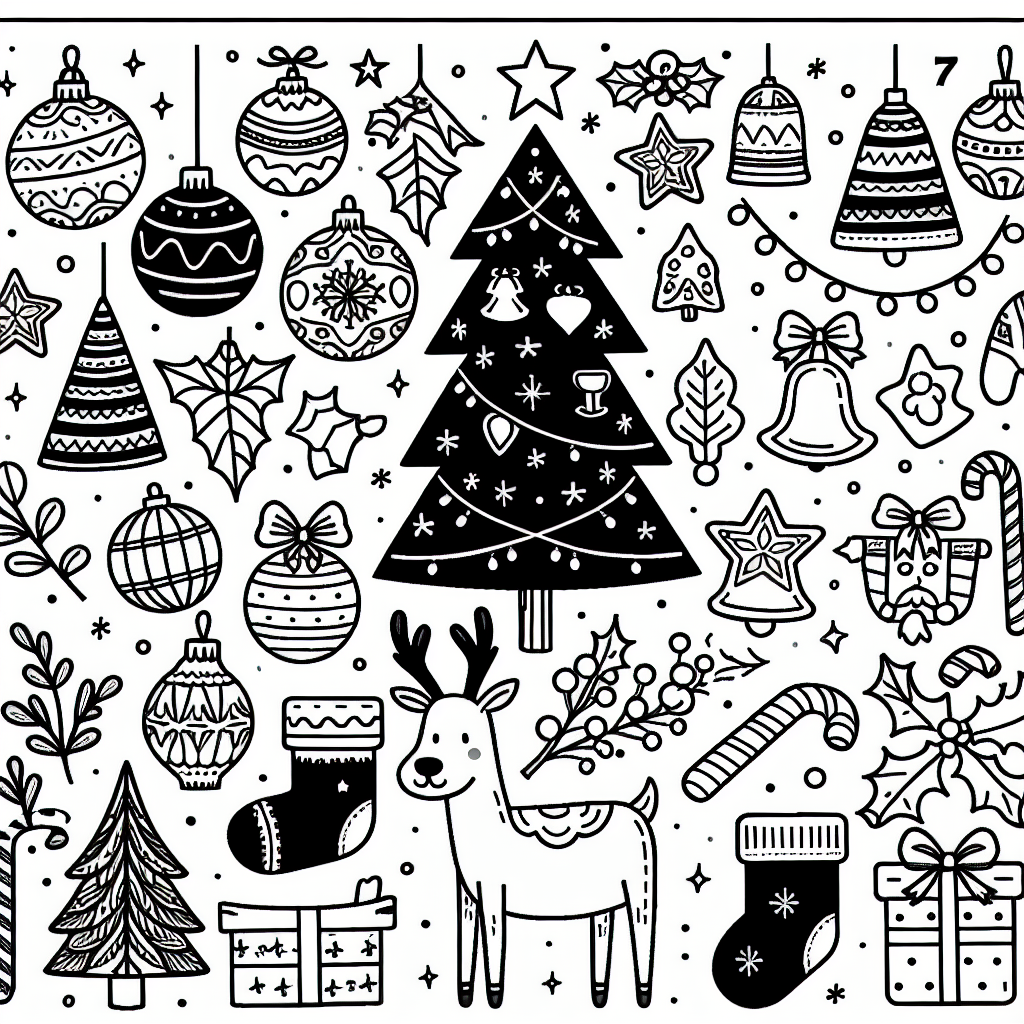 Design a basic black and white coloring book page intended for a 7 year-old child. The theme of the page should be related to Christmas featuring common elements such as Christmas trees, bells, ornaments, reindeers, candy canes, stockings, and snowflakes. The design should be simple and appropriate for a child to color. The layout should also consider printable dimensions to ensure usability.