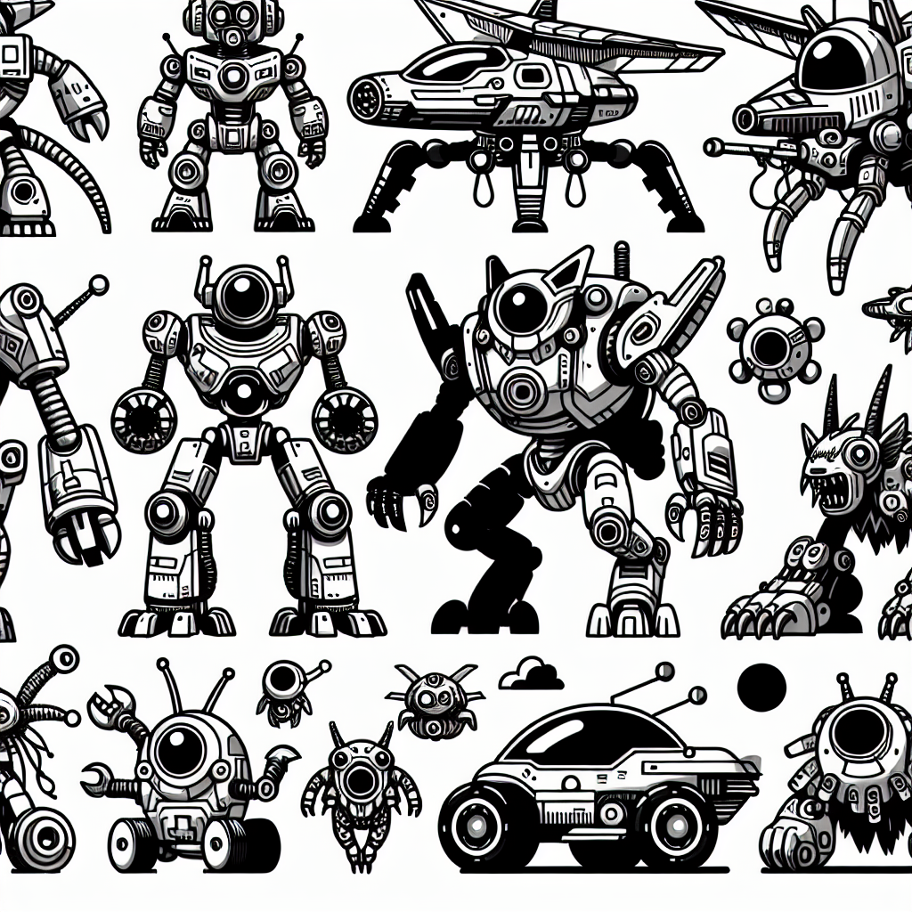 Create a black and white coloring page suitable for a 7-year-old child. The page should feature robotic entities that can change from humanoid robots to vehicles or beasts. These should come with a variety of different shapes, sizes, and designs, all made to inspire the imagination of the child. These should not be linked to any existing franchise or copyrighted characters.